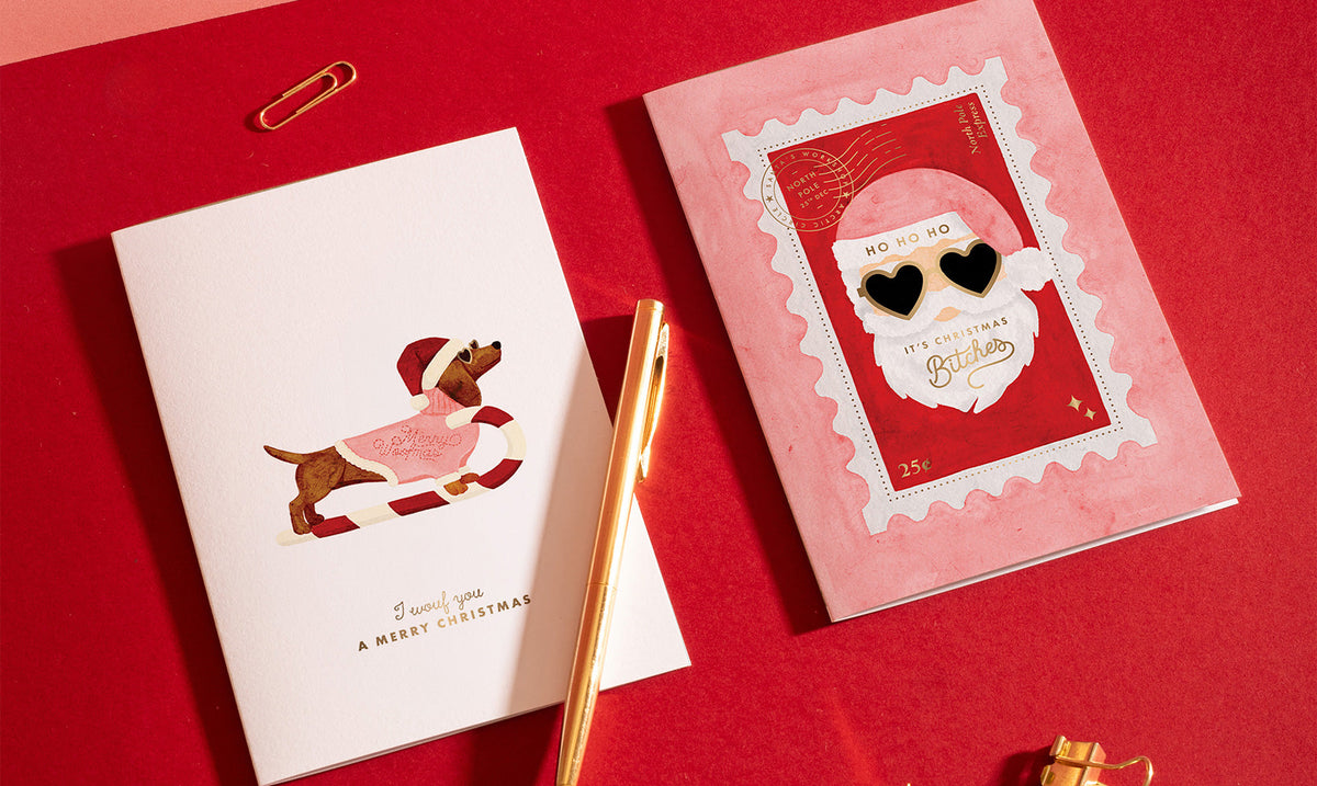 All the Ways to Say Christmas cards – festive greeting cards with red tartan and holiday illustrations