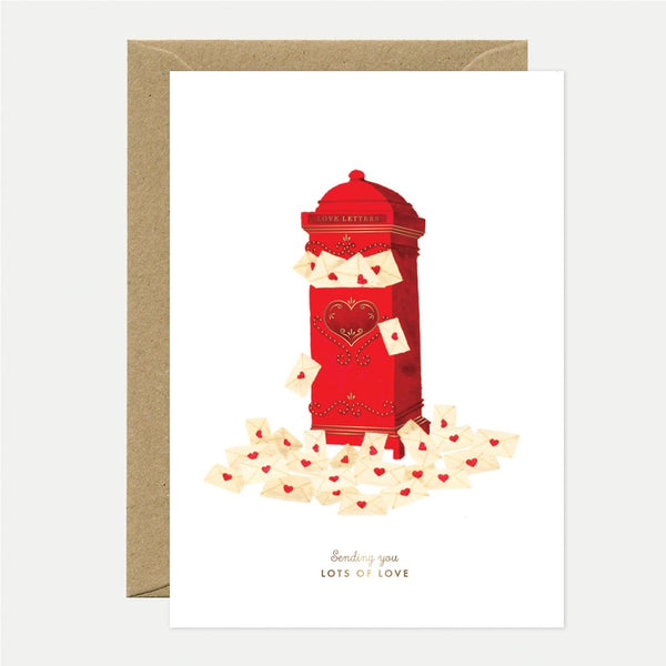 A greeting card with a red mailbox and scattered gold hearts, titled 'Love mails - Greeting card - Gold foil'.