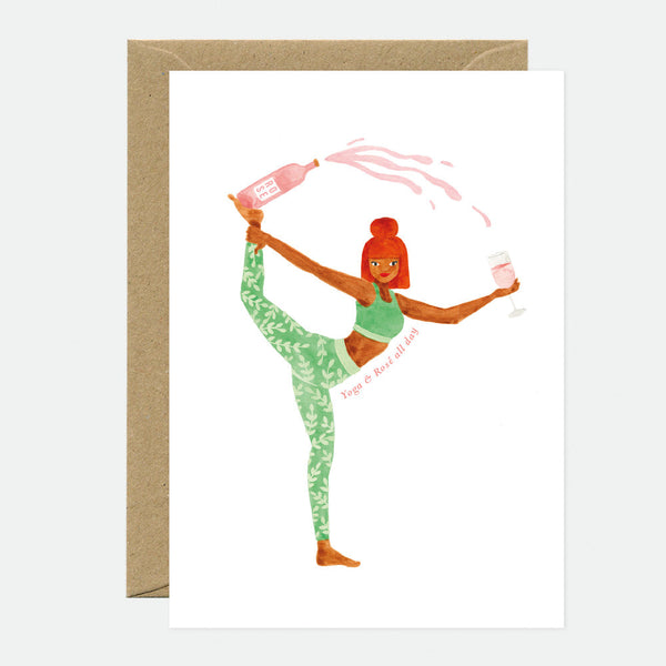 A greeting card depicting a person practicing yoga in a green, indoor setting with a brown envelope.