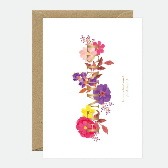 A greeting card with a floral design in gold, pink, purple, and yellow colors on the front, with a blank interior and a brown envelope.