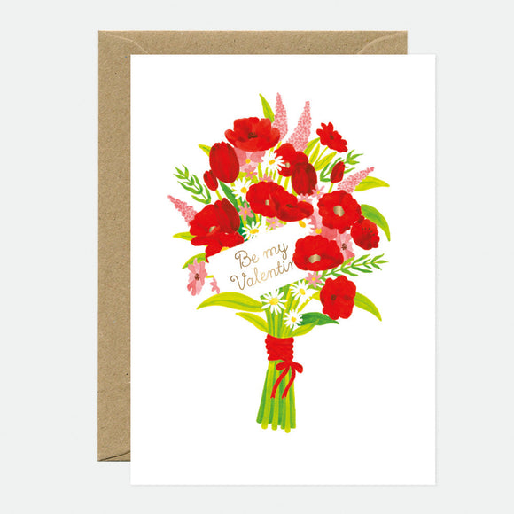 A greeting card featuring a colorful illustration of a flower bouquet with the text 'Be my Valentine' and a brown envelope behind it.