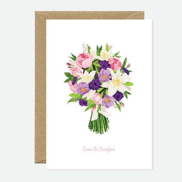 A greeting card with a floral bouquet illustration and the text 'Love & Comfort', accompanied by a brown envelope.