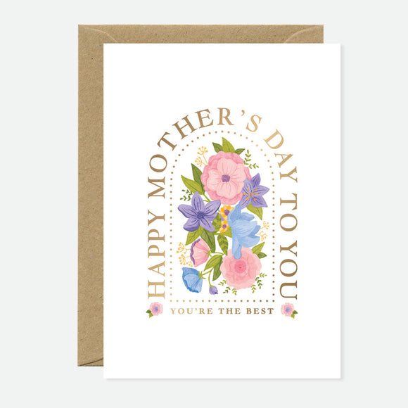 A Mother's Day themed greeting card with gold foil details, floral designs, and a brown envelope.