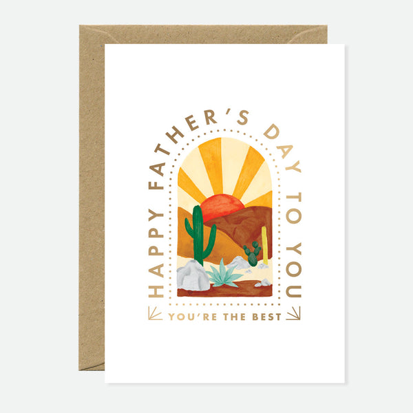 A Father's Day themed greeting card with gold foil details, featuring a sunset and the text 'Happy Father's Day to You, You're the Best'. It comes with a brown envelope.