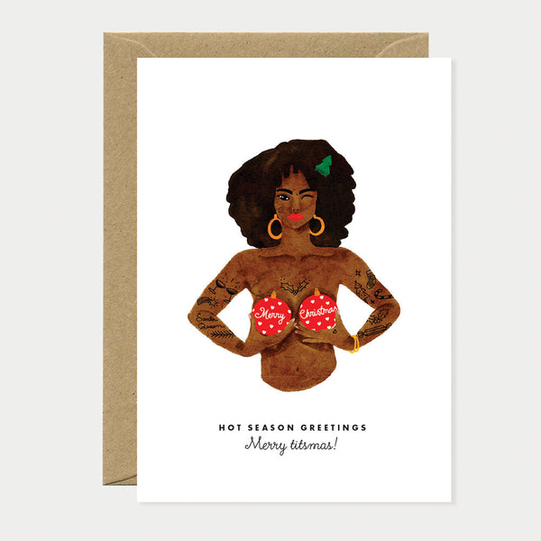 Greeting card featuring an illustrated woman holding two Christmas ornaments with the words "Merry Christmas", adding a humorous festive twist.