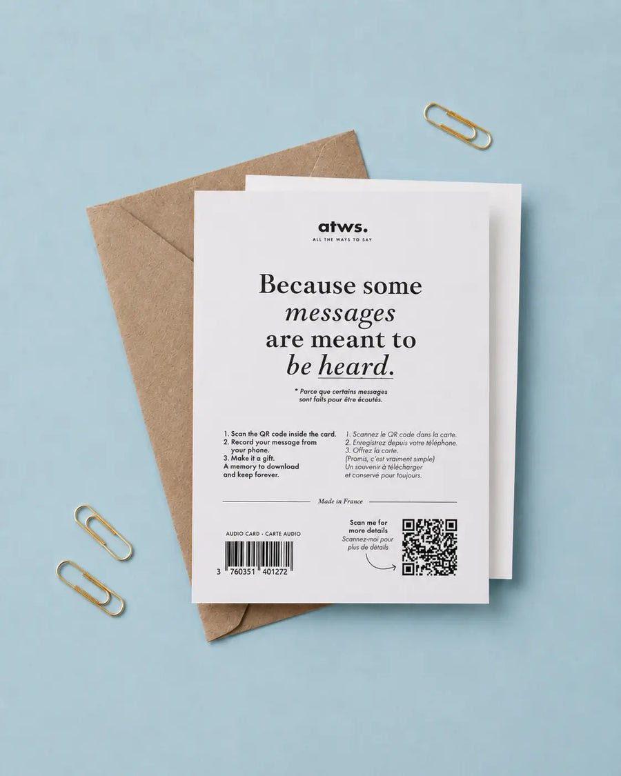 Back of the audio greeting card with explanatory flyer and QR code