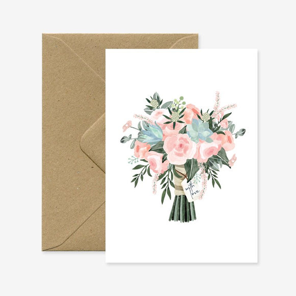 A greeting card with a floral bouquet illustration accompanied by a brown envelope.