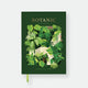 Hardcover notebook A5 with green cover, tropical leaf jungle illustration, gold foil “Botanic” title and green ribbon bookmark by All the Ways to Say.