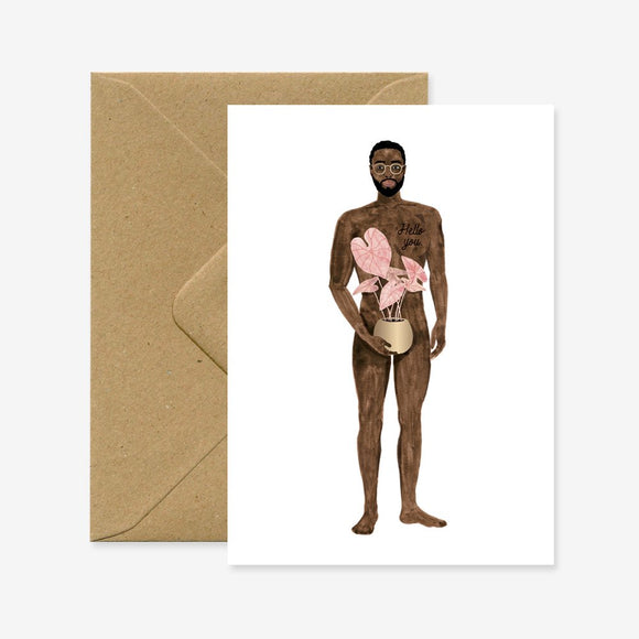 The image shows a greeting card with an illustration of a naked boy holding a pink plant. The card is presented with a recycled brown A6 envelope.