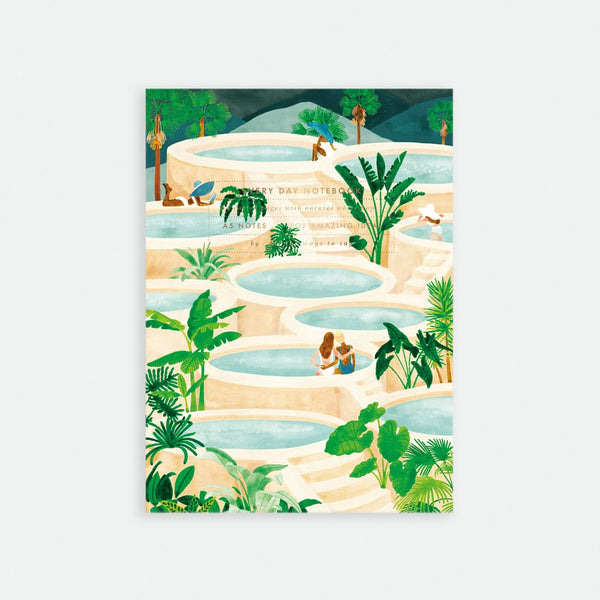 A5 notebook with a colorful cover featuring a tropical spa scene with palm trees and people.
