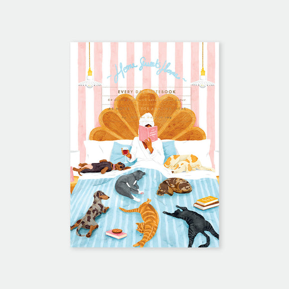 Notebook cover with a cartoon turkey and dogs on a striped background