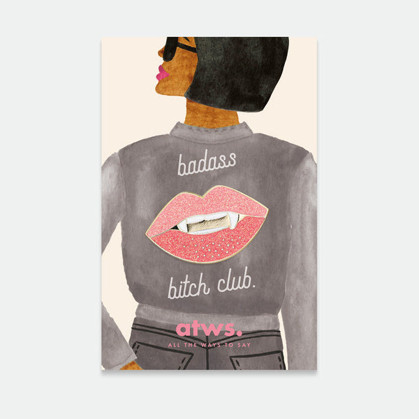Sexy Lips enamel pin by All the Ways to Say featuring glittery pink lips with gold-plated details on illustrated background of woman in “badass bitch club” jacket.