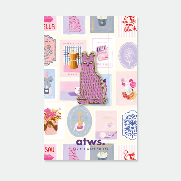 Holly The Cat enamel pin by All the Ways to Say featuring purple cat with gold-plated details, playful and artistic design on illustrated background.