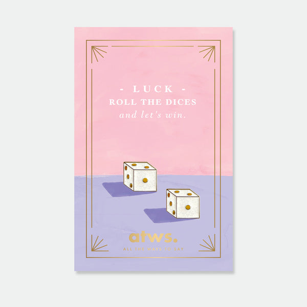 Casino enamel pin by All the Ways to Say featuring gold-plated dice design on pink and lilac background with elegant golden frame.