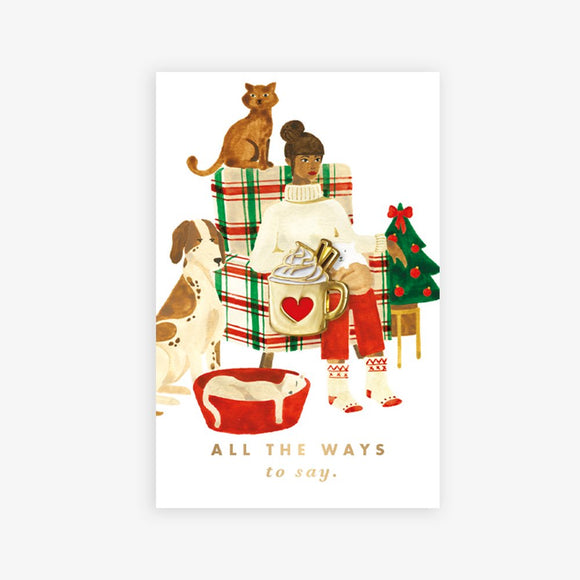 Hot Chocolate enamel pin by All the Ways to Say featuring gold-plated mug with whipped cream and cinnamon on cozy illustrated winter background.
