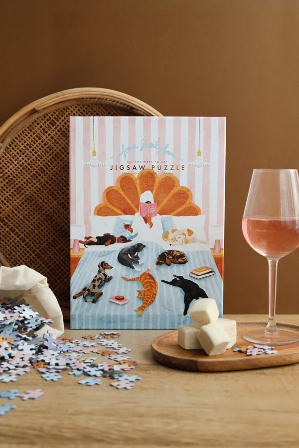 Completed Home Sweet Home puzzle by All the Ways to Say – relaxing bedroom scene with cats and dogs