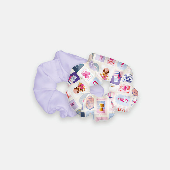Parma Stamps scrunchie duo by All the Ways to Say featuring lavender scrunchie and stamp-pattern scrunchie, made from 100% recycled polyester.