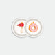Round coaster tray with pink frosted donut and red mushroom ornament illustrations on white background, birch wood material