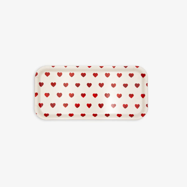 Heart Coffee Tray – rectangular birch wood tray with red watercolor heart pattern, eco-friendly, dishwasher safe, by All the Ways to Say.