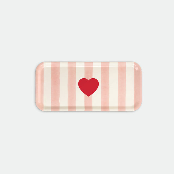 Rectangular coffee tray with pink vertical stripes and a red heart in the center, Pink Stripes by All the Ways to Say