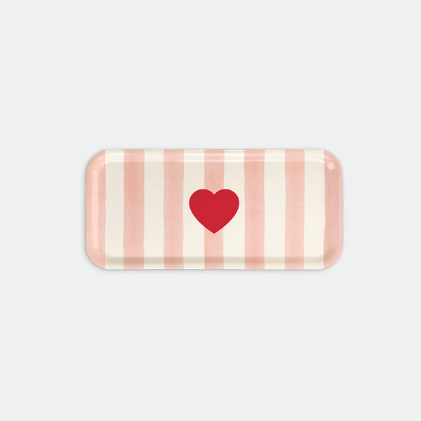 Rectangular coffee tray with pink vertical stripes and a red heart in the center, Pink Stripes by All the Ways to Say
