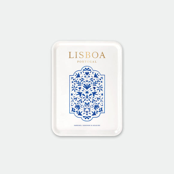 Rectangular breakfast tray with blue azulejo-inspired pattern and golden “Lisboa Portugal” text, Lisboa by All the Ways to Say