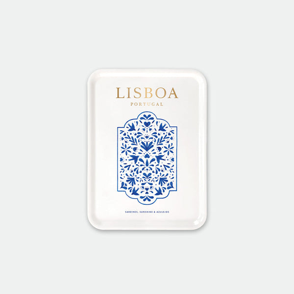 Rectangular breakfast tray with blue azulejo-inspired pattern and golden “Lisboa Portugal” text, Lisboa by All the Ways to Say