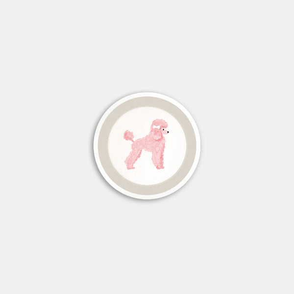 Round coaster with illustration of a pink poodle dog on a cream background with grey border, Pink Poodle by All the Ways to Say