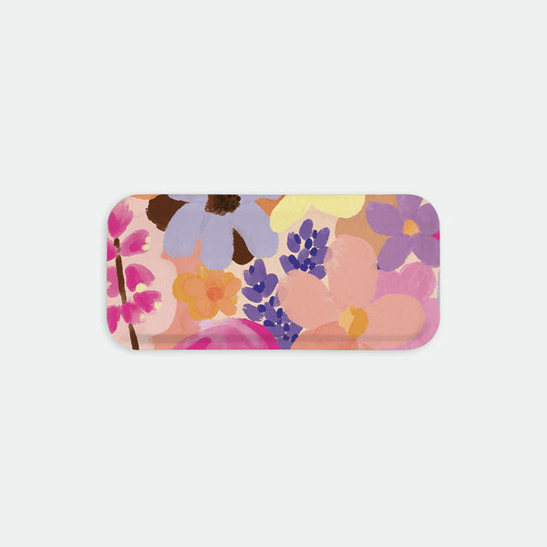 Rectangular coffee tray with a colorful floral pattern in pink, purple, yellow and blue tones, Flower Garden by All the Ways to Say