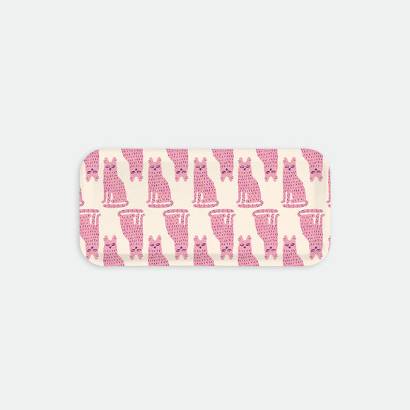 Rectangular coffee tray with repeating pink cat pattern on a cream background, Lonely Cat by All the Ways to Say
