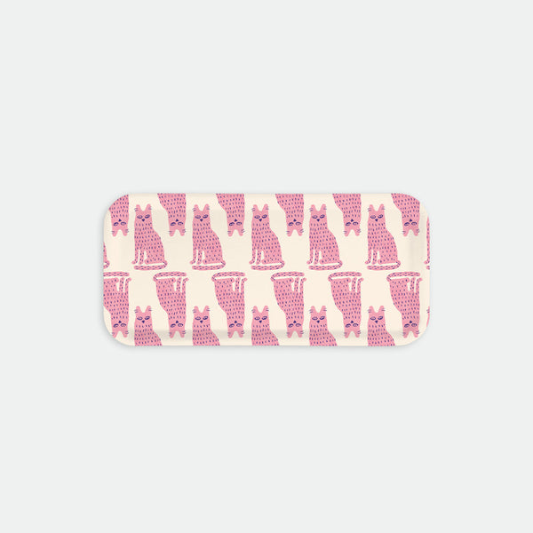 Rectangular coffee tray with repeating pink cat pattern on a cream background, Lonely Cat by All the Ways to Say