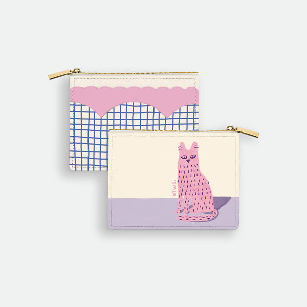 Miscellaneous Wallet by All the Ways to Say in premium PU leather with quirky pink cat illustration and golden zip detail