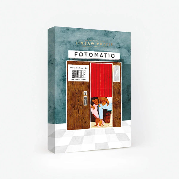 1000-piece jigsaw puzzle box by All The Ways To Say featuring a collage of colorful retro instant photos of travel scenes.