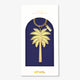 A tropical gold enamel keychain by All The Ways To Say in the shape of a palm tree with "BEACH PLEASE" engraved on the trunk, in its navy gift box.