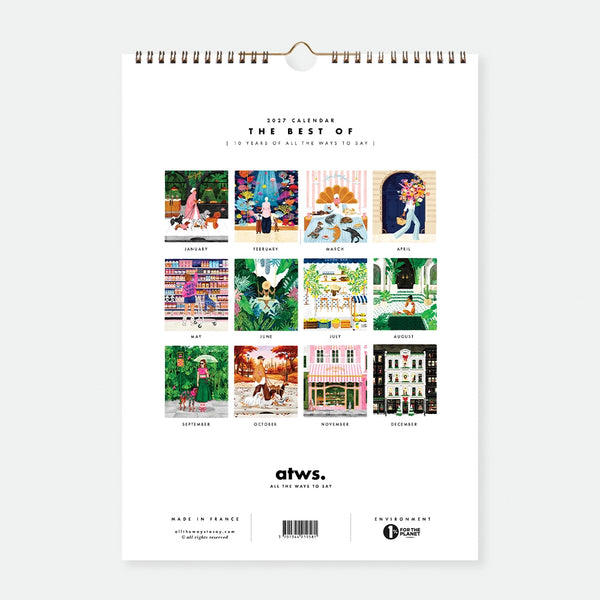 Best Of 10 Years 2027 calendar back cover showing all twelve monthly illustrations, made in France, All The Ways To Say