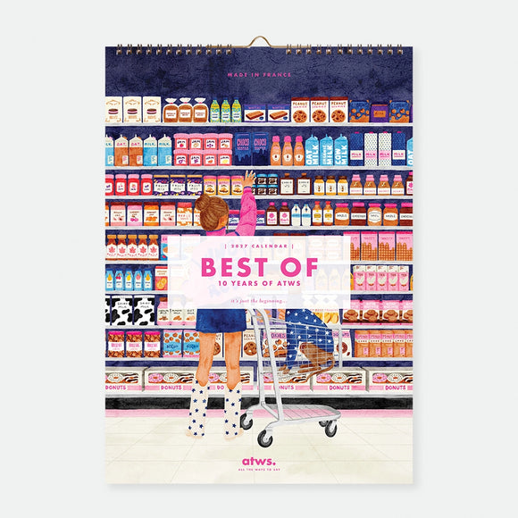 Best Of 10 Years 2027 calendar cover, illustrated woman reaching for jars in a grocery aisle with a cat in the cart, All The Ways To Say