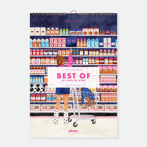 Best Of 10 Years 2027 calendar cover, illustrated woman reaching for jars in a grocery aisle with a cat in the cart, All The Ways To Say