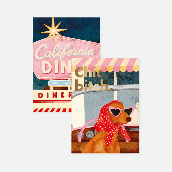 California Diner A6 pocket notebook duo covers by All The Ways To Say, one notebook featuring a pink neon "California Diner" sign against a night sky, the other featuring a dog wearing a polka dot headscarf and heart-shaped sunglasses with "Chic bitch." text in gold lettering