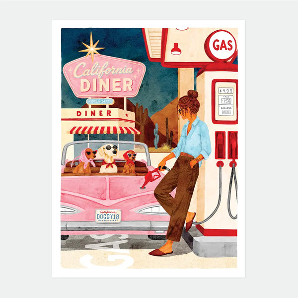 Illustrated poster of a woman pumping gas at a retro gas station next to a pink convertible with three dogs wearing sunglasses in the back seat, "California Diner" neon sign and desert cacti in the background, "DOGGY18" license plate, California Diner poster by All The Ways To Say