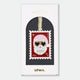 Gold-tone enamel Christmas ornament shaped like a postage stamp featuring Santa Claus wearing heart-shaped sunglasses, text reading "Ho Ho Ho, It's Christmas Bitches," "North Pole," and "25¢"