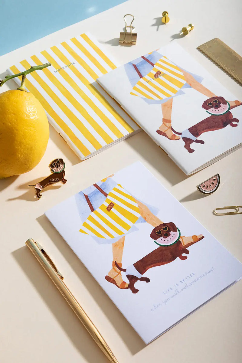 Summer Dachshund - Collection: a curated set of stationery including dachshund notebooks, a watermelon pin, and a gold pen.