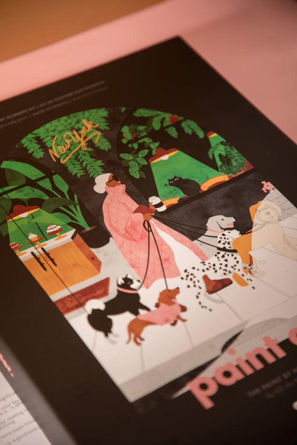 Dog Sitter paint by numbers box: dog walker in a pink coat with a dalmatian, dachshund and poodle on a New York street