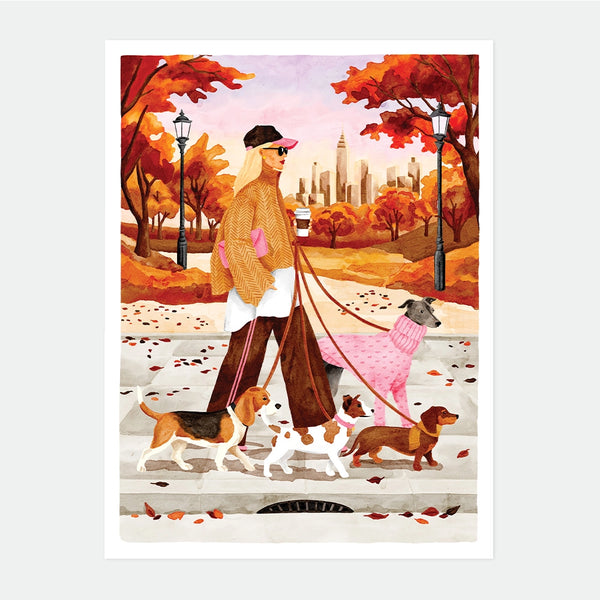 Illustrated poster of a woman walking four dogs through an autumn park with a city skyline in the background