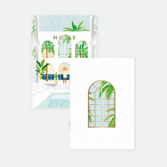 White House Pocket Notebook A6 Duo – illustrated covers with bright white architecture, tropical plants, pool, and golden window design, by All the Ways to Say.