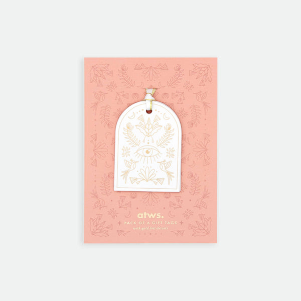 Arche Gift Tag Set – pack of 6 paper tags with arch shape, symbolic golden motifs, and gold foil details, by All the Ways to Say.