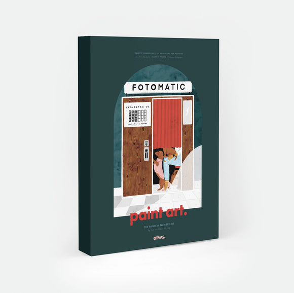 Fotomatic paint by numbers kit box by All The Ways To Say, illustration of a woman and her two dogs squeezed behind the red curtain of a vintage photo booth, "FOTOMATIC" sign above a wooden door and checkered floor, "paint art. The Paint By Number Kit by All The Ways To Say"