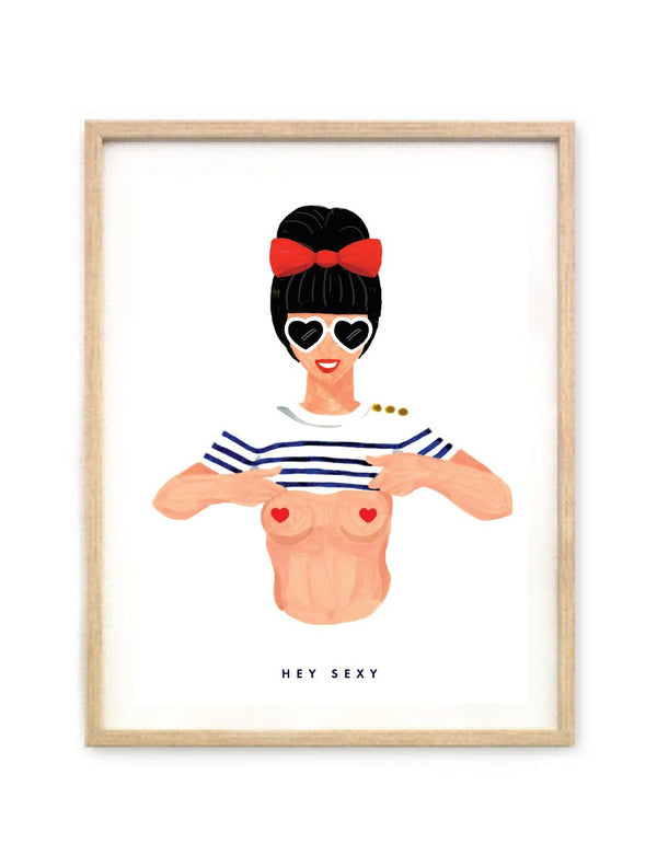 Hand-drawn poster of a woman with a red hair bow and sailor shirt, presented in a light oak wood frame for modern interior decoration.