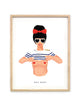 Hand-drawn poster of a woman with a red hair bow and sailor shirt, presented in a light oak wood frame for modern interior decoration.