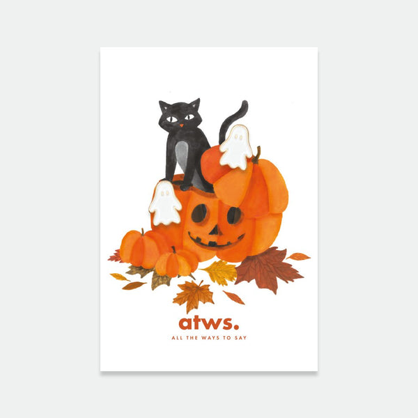 Ghosts enamel pin set by All the Ways to Say featuring two white and gold ghost pins on illustrated pumpkin and black cat Halloween background.