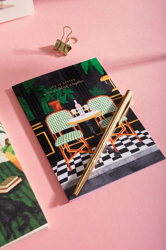 Life is better debrief Greeting Card - Illustration of a Parisian cafe terrace with gold foil text.